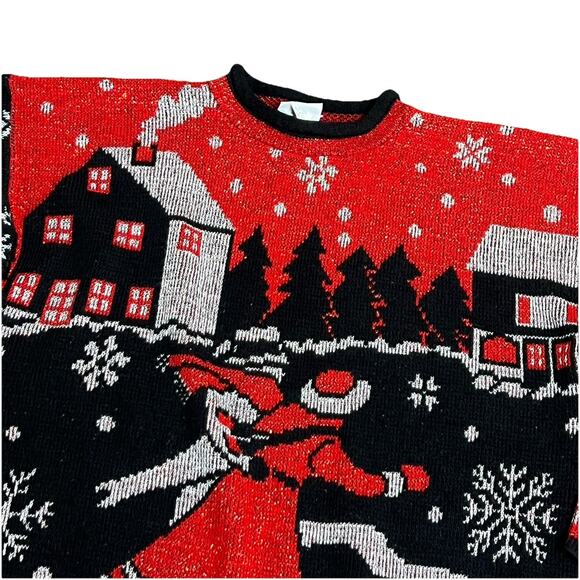 Vtg Large Metallic Ice Skaters Ugly Christmas Sweater 1980s Red Black Silver - Picture 3 of 7